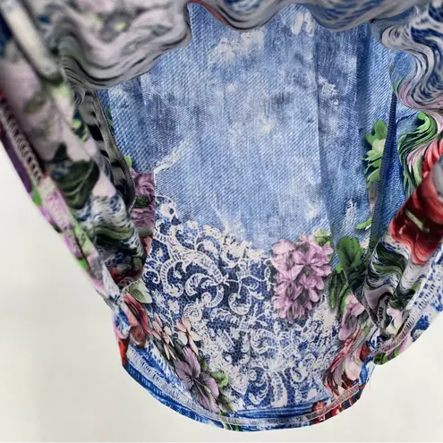 Sheer Lightweight Mesh Mixed Prints Leopard Floral Rhinestone Embellished Tunic Blue Size 1X