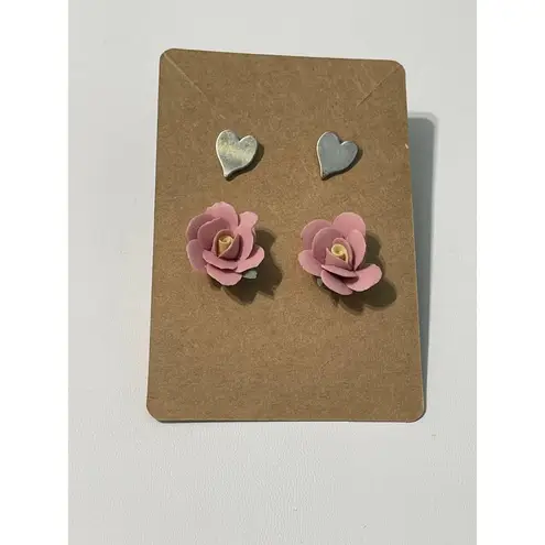 Vintage 90s Stud Earrings Set Flower Heart Pink‎ Pink