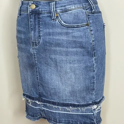 Liverpool Blue Denim Distressed Women’s Skirt Fringe Raw Hem Size 4/27