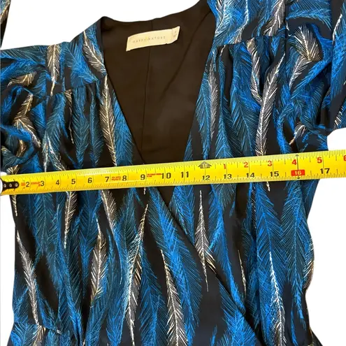 Happy x Nature Kate Hudson Alpha Wrap Midi Dress Blue Feather Print Women Small