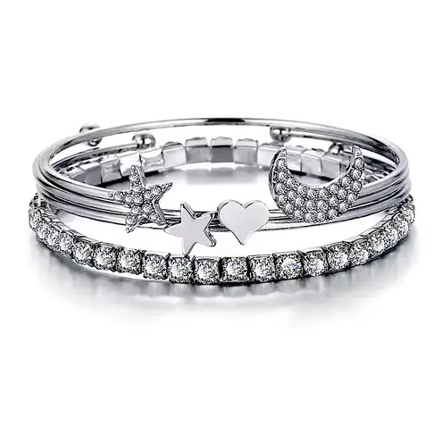 Boutique Silver Bangle Bracelet Set Crystal Star Moon Heart Charm Stackable Jewelry