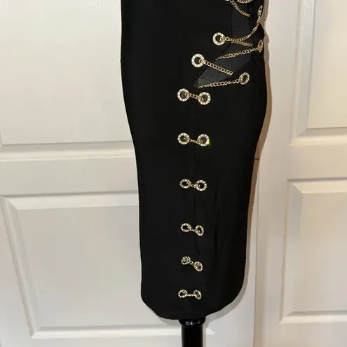Symphony LITTLE BLACK DRESS GOLD CHAIN SEXY CUT OUT LACE UP RHONESTONE