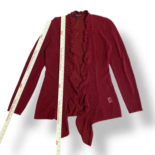 Eileen Fisher  Wine Red‎ Linen Blend Open Knit Open Front Ruffle Cardigan Size XS - Image 4