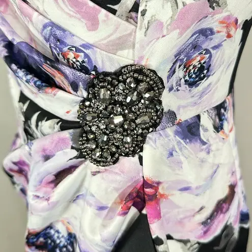 Alex Evenings Side Ruched Cocktail Dress Women's 8 Black Purple Floral NWOT