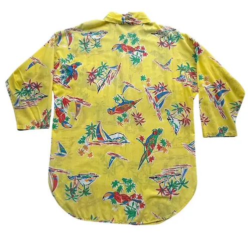 VTG 70s Loungees Shirt Womens 12/14 Yellow Parrot‎ Top Snap Cover Up Pocket USA