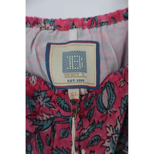 ALICIA BELL Floral Print Tassel Tie Shoulder Dress XL Red Blue Silk Cotton