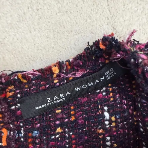 ZARA  Tweed Peplum Multicolor Purple Pink Raw Hem Drop Split Back Top Size XS