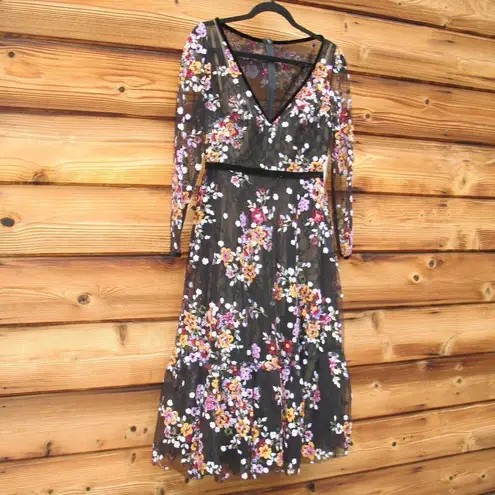 Mac Duggal NWT  Black Floral Embroidered Tea Length Dress
