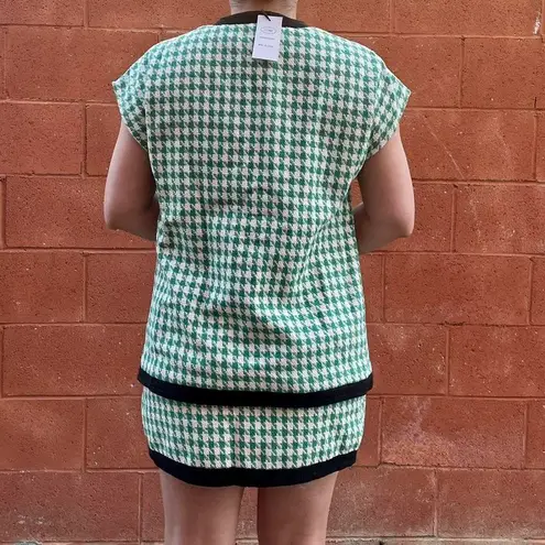 Cider Green White Houndstooth Button Up Vest Top And Mini Skirt Set