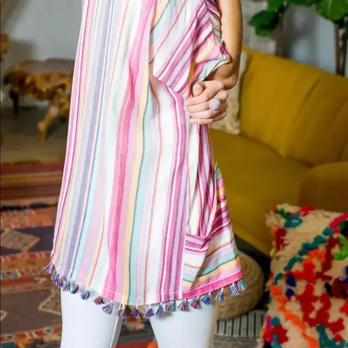 Main Strip Women Pink Striped Summer Beach Tunic Wrap Up Kimono Size Medium