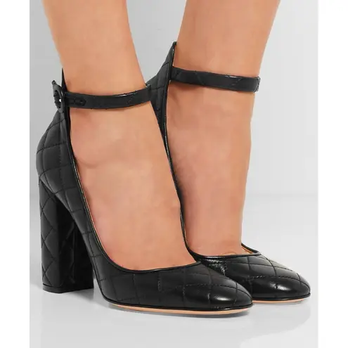 Gianvito Rossi Quilted Leather Mary Jane Ankle Strap Block Heel Pumps Black 36.5