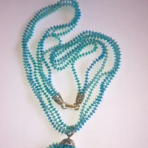 Vintage 3 Strand Blue Beads Tassel Fringe Pendant Beaded Retro Boho Necklace