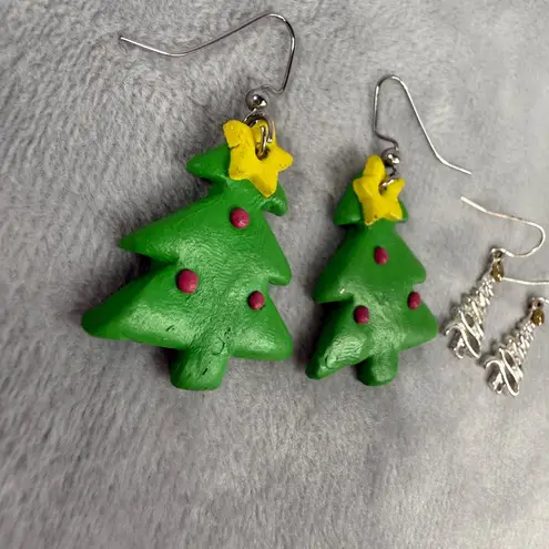 Christmas Tree Drop Earrings Set Of 2 Handmade Polymer Clay & Silver