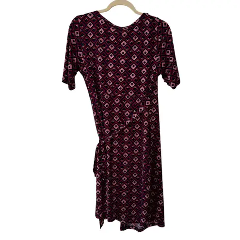 Motherhood Maternity Wrap Dress Geometric Print Short Sleeve Burgundy PinkBlue M Red Size M