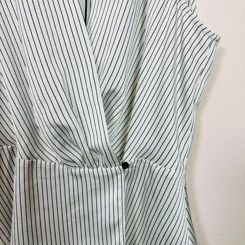 BCBG White and Navy Sleeveless Pinstripe Wrap Top, Size Small