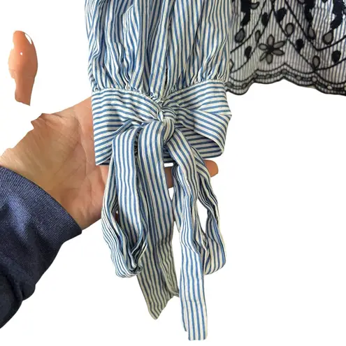 ZARA  Trafaluc Blue Striped Eyelet Embroidered Top Long Tie Balloon Sleeve Sz M