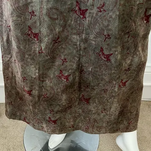 Vintage 80s Authentic Imports leather green red paisley A line maxi skirt medium Brown