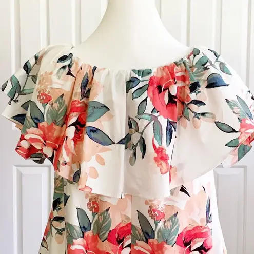 Adrienne Dress Tropical Floral On Off Shoulder Ruffle Neckline Sleeveless Small