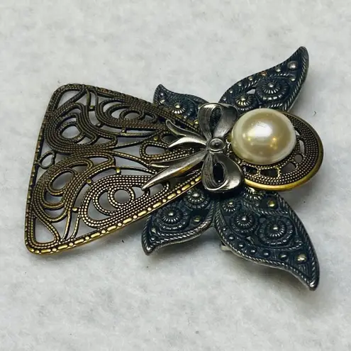 Filagree Silver Gold Color Angel Jewelry Pin Brooch Halo Faux Pearl Bow Wings