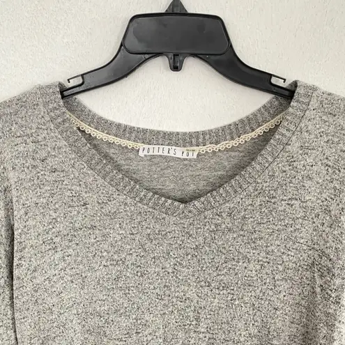 Potters Pot Gray Marled V Neck Lace Trim Long Sleeve Soft Knit Sweater Top M Size M