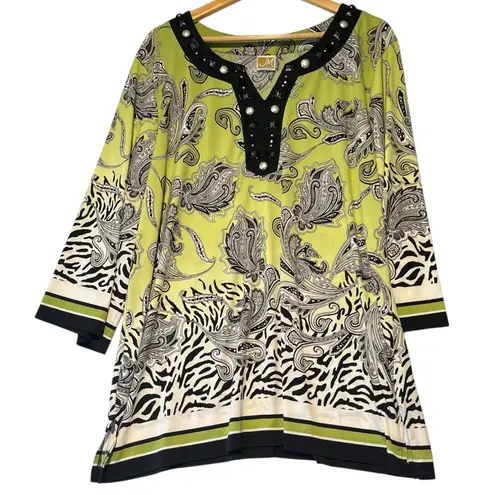 JM Collection Women's 3X Embellished Green Paisley Zebra Print Tunic Top