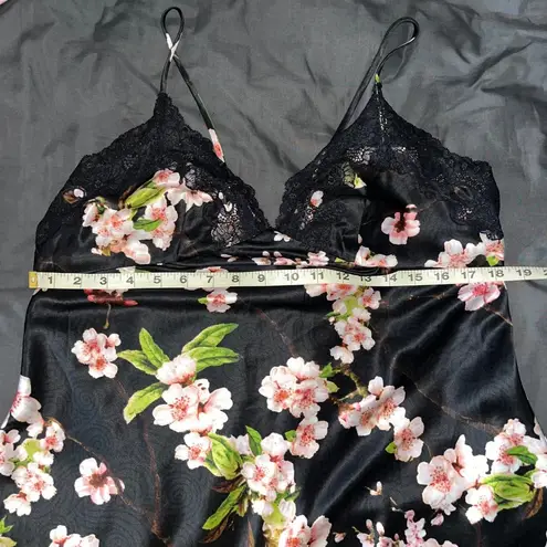 Natori ✨ Black Floral Cherry Blossom Silk Lace Babydoll Slip Dress Lingerie Med