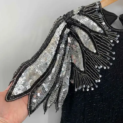 Scala Vintage Festive Dress Whimsigoth Fairy XL Black Silver Silk Sequined Beads