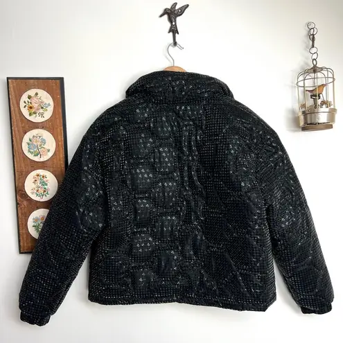 Lili Sidonio Black Houndstooth Semi Cropped Boxy Puffer Down Jacket Size M