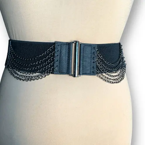 Deadstock Y2K Yik Fung Black Leather Stretch Waist Belt Chains NWT Statement