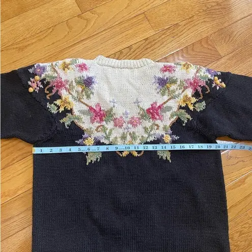 Vintage Jennifer Reed Floral Sweater Hand Knit Sz M black cream