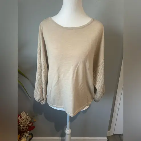 Garnet Hill 100% Merino Wool Pointelle Blouson-Sleeve Sweater neutral beige
