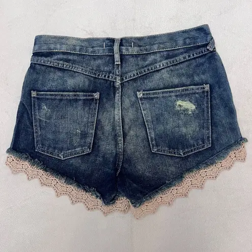 Free People Crochet Lace Trim High Rise Denim Jean Distressed Shorts Sz 25