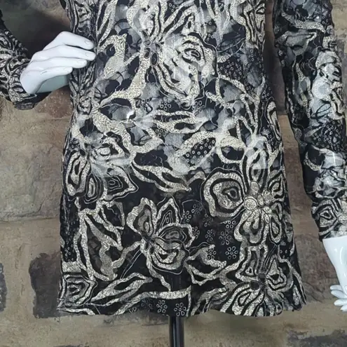 BKE Top Woman's XL Mesh Sheer Floral Long Sleeve Black White