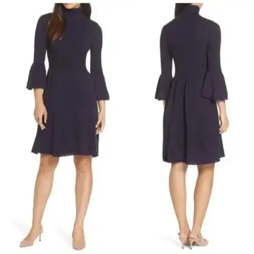 Eliza J Knit Ribbed Turtleneck Ruffle Bell Sleeve Sweater Dress Navy | Small