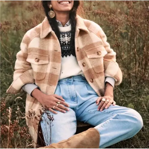 Sézane Sezane Joe Coat Shacket Buttoned Wool Blend Ecru Beige Check Size 2 EUC