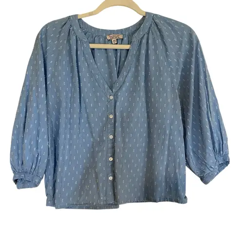 Badgley Mischka Women's Medium Pastel Blue Swiss Dot Cotton Puff Sleeve Blouse