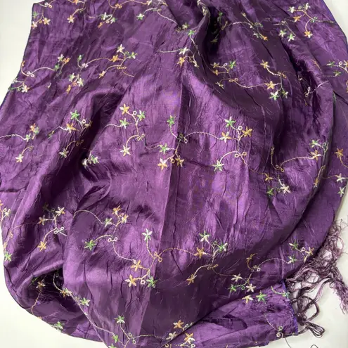 Purple Rectangle Scarf Crinkled Embroidered Flowers Fringe Fairy Grunge Boho