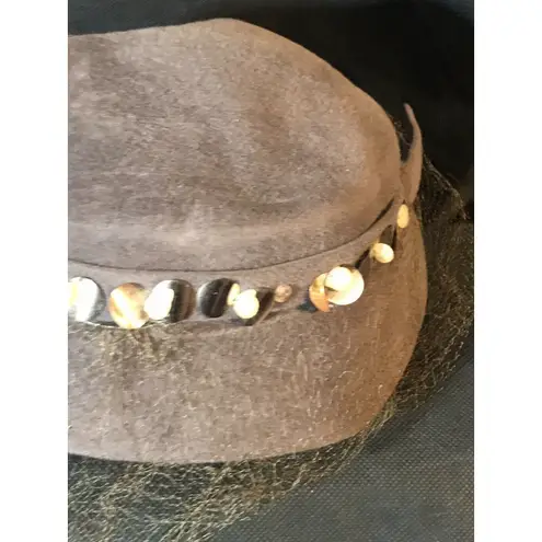 Vintage Genuine Velour Gray Hat with Veil & Beaded Trim Size 22