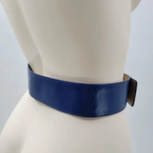Yves Saint Laurent 4930 Wide Leather Belt Blue Rectangle Brass Buckle Art Deco