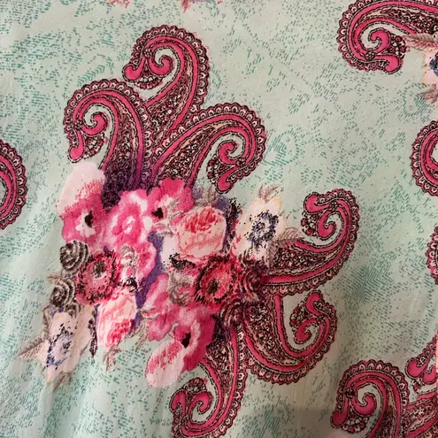 Velzera Mini Dress Tunic Green Pink Paisley Crochet Fringe Bell Sleeves SZ LG