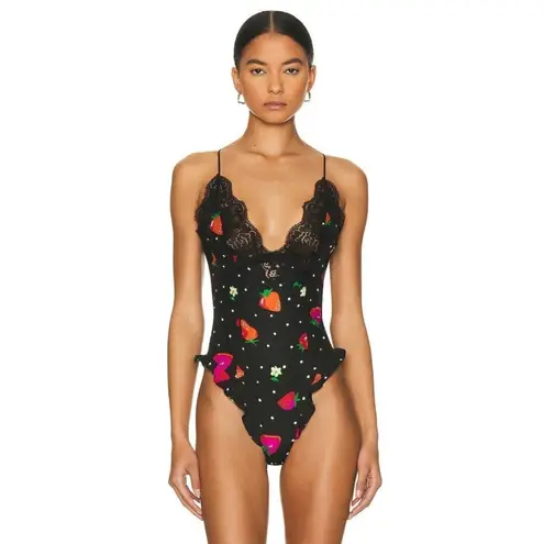 Alessandra Rich Strawberry Print Silk Jacquard Bodysuit in Black 42 New Womens Size undefined