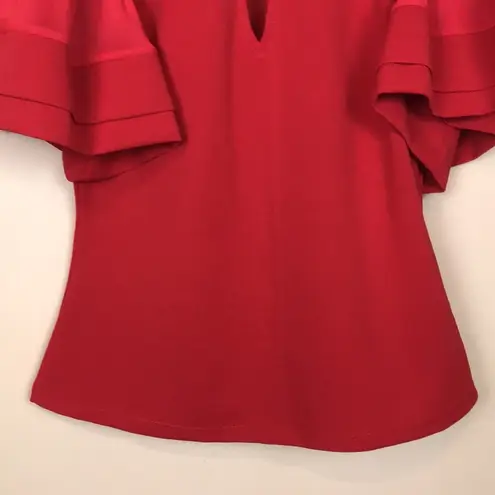 Windsor  Women’s Wide Mesh Flutter Sleeve Keyhole Front Red Blouse