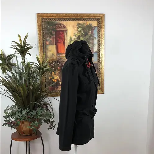 Ruff Hewn  Black Trench Coat Hoodie Belted Pocket Long Sleeve 3 Buttons Front