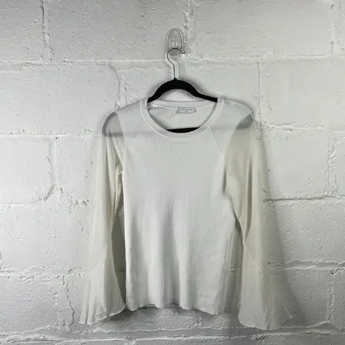 Sandro Women's White Ruddy Long Silk Bell Sleeve Ribbed Top Size Medium