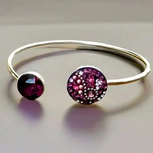 Purple Galaxy Crystal Rhinestone Silver Tone Metal Open Cuff Bangle Bracelet