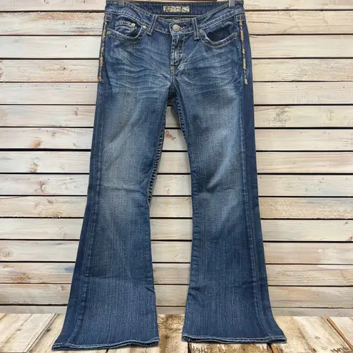 BKE Star Denim Flare Jeans Medium Wash Distressed Back Pockets Sz 29x31.5