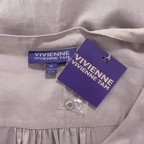 Vivienne Tam Light Gray Button Down V Neck Cuff Extended Shoulder Blouse NWT 10