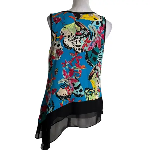 Nicole Miller Butterfly Print Top Size M Asymmetrical Hem Colorful Eclectic Black Size M