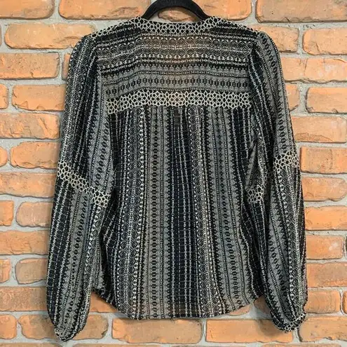 Lovestitch Women's Boho Mixed Print Button Front V-Neck Chiffon Blouse Black S