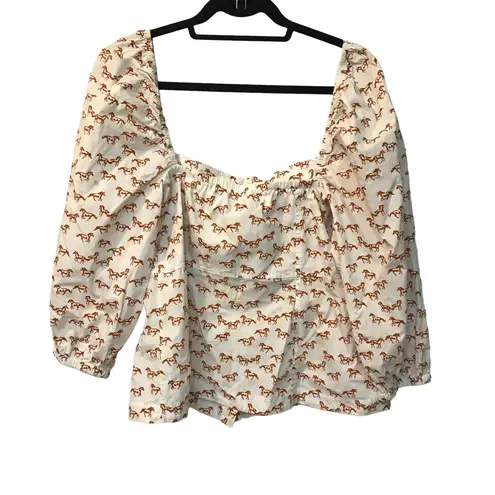 NWT Aritzia Little Moon Horse Print Puff Sleeve Square Neck Blouse L White Size L